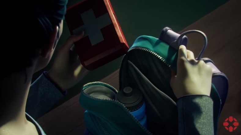 female character putting first aid kit inside a backpack