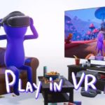trover wearing vr headset beside a monitor in the sofa in Trover Saves The Universe game