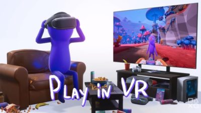 trover wearing vr headset beside a monitor in the sofa in Trover Saves The Universe game