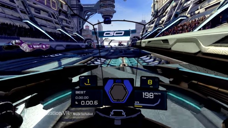 player's view in the car in front of the starting point in Wipeout VR