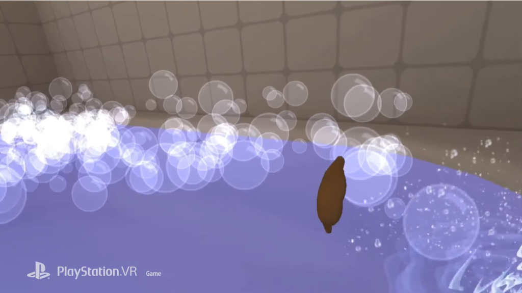 player enjoying bathtub with bubbles in baby hands vr