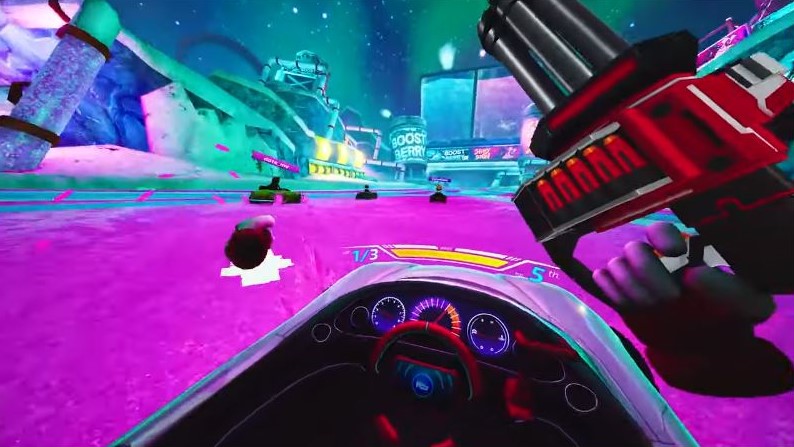 car driving on pink road while holding a gun in Dash Dash World