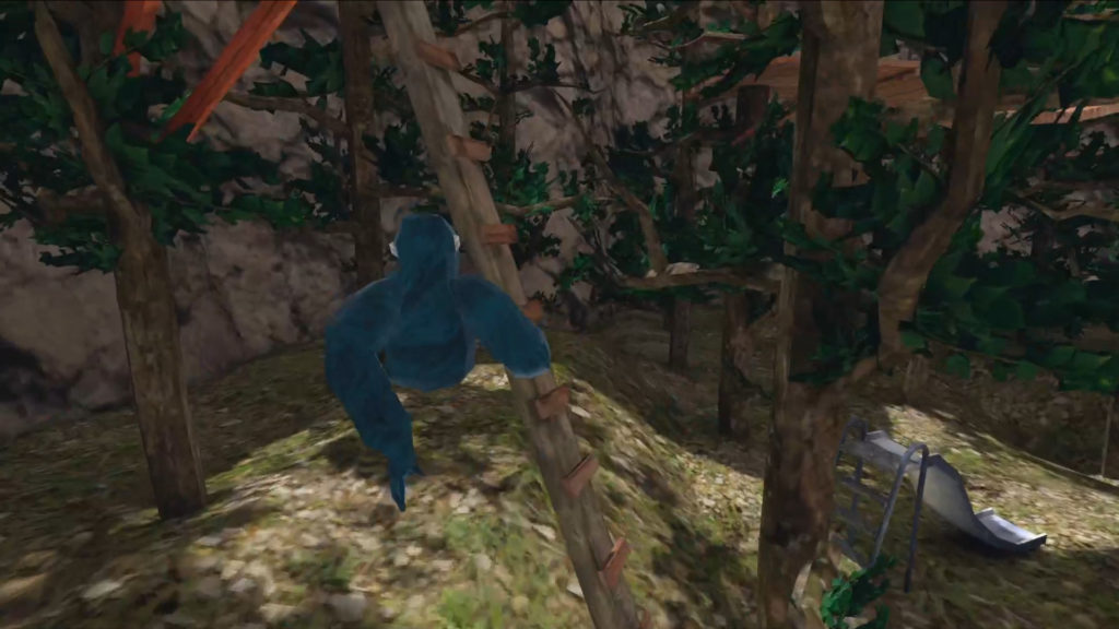 blue gorilla jumping in a vr forest with trees and ladders in the free Gorilla tag game