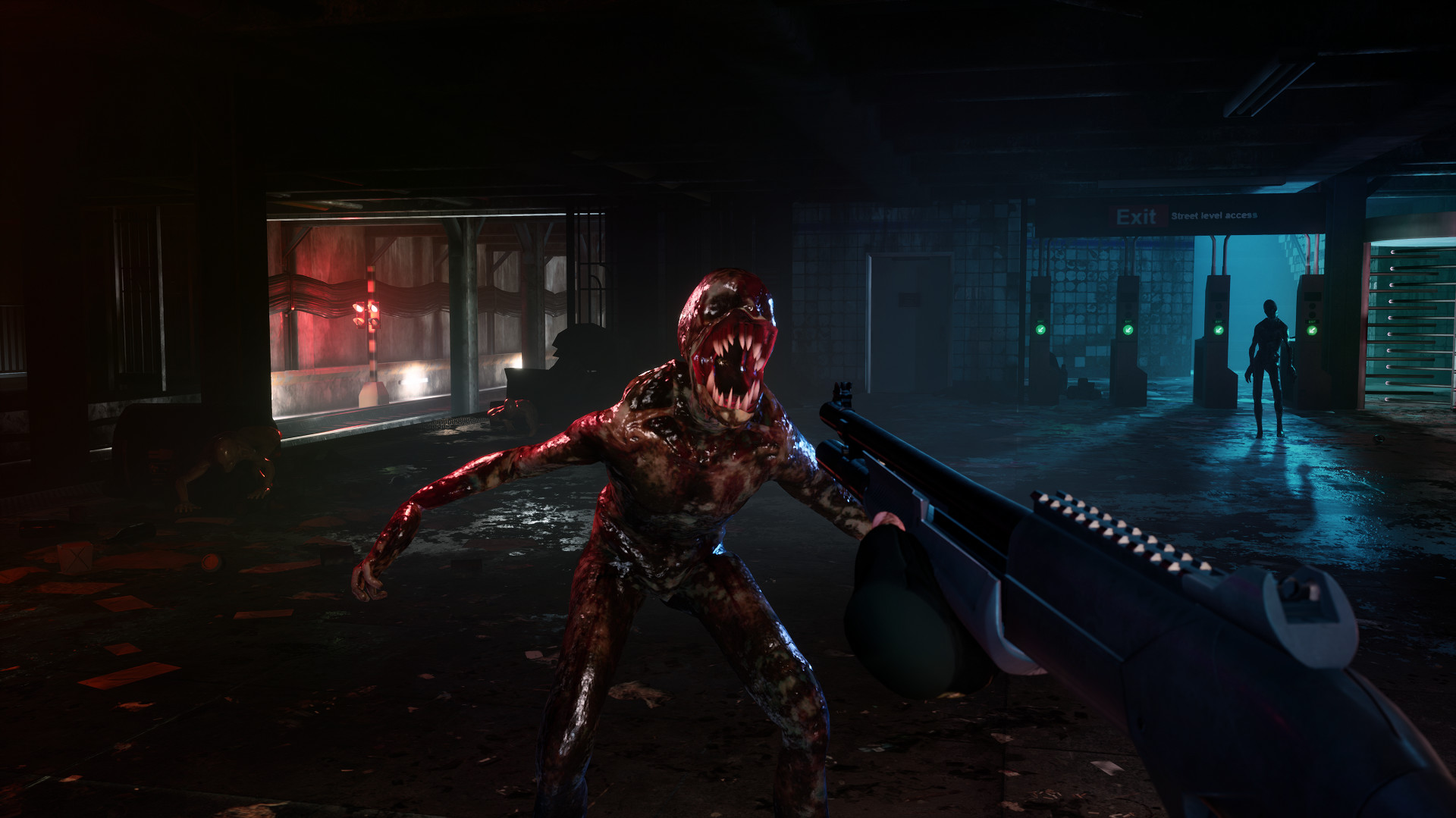 player pointing shotgun to a monster enemy in the free Propagation VR game
