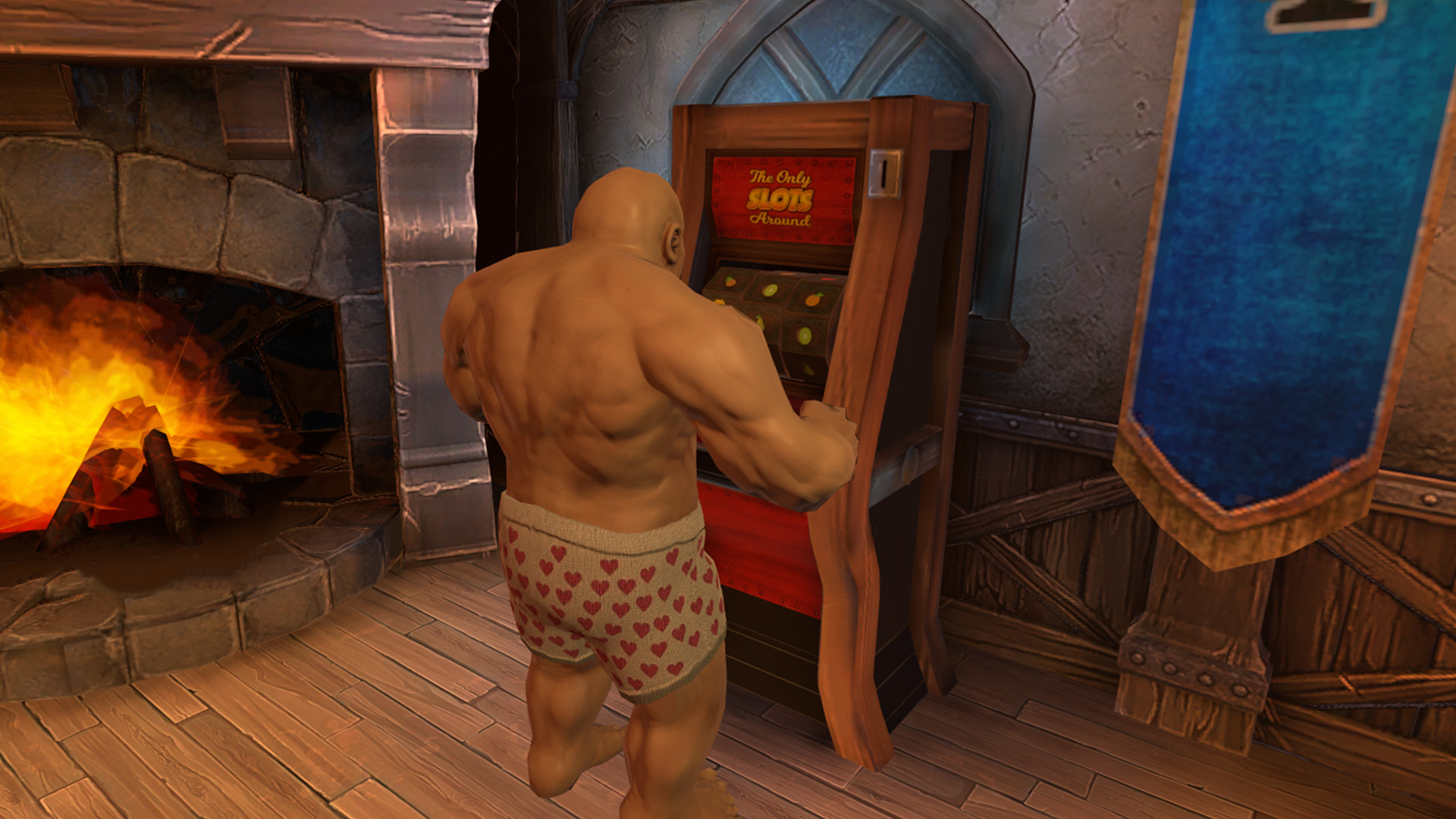 bald muscular dwarf playing slots in Taphouse VR free game