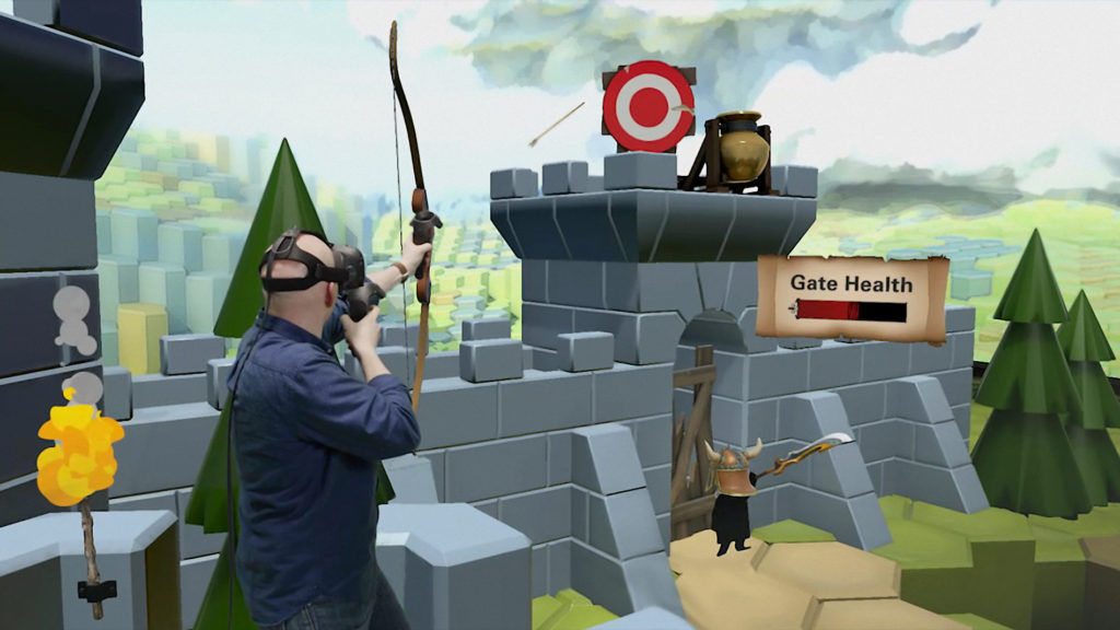 man shooting a target on top of a castle with an arrow in free the lab vr game