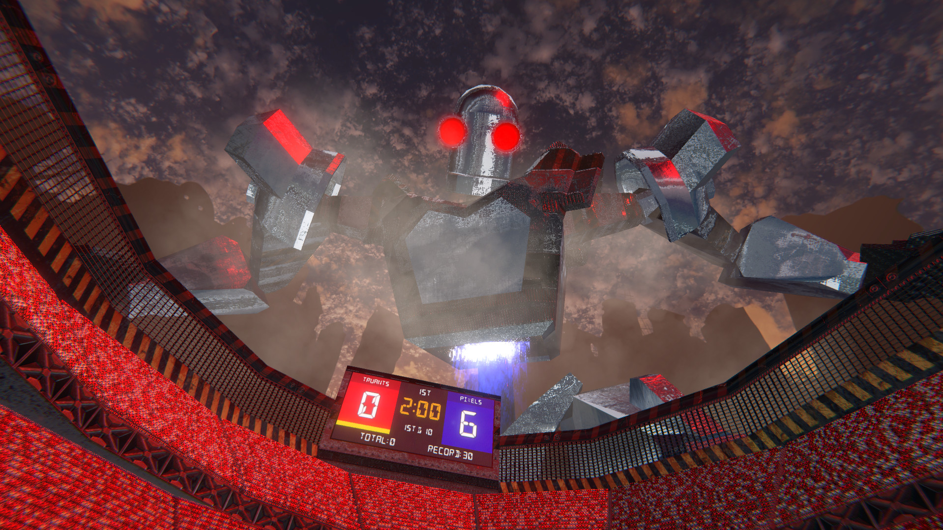 huge robot looking down at football stadium in NFL VR 2md vr football evolution