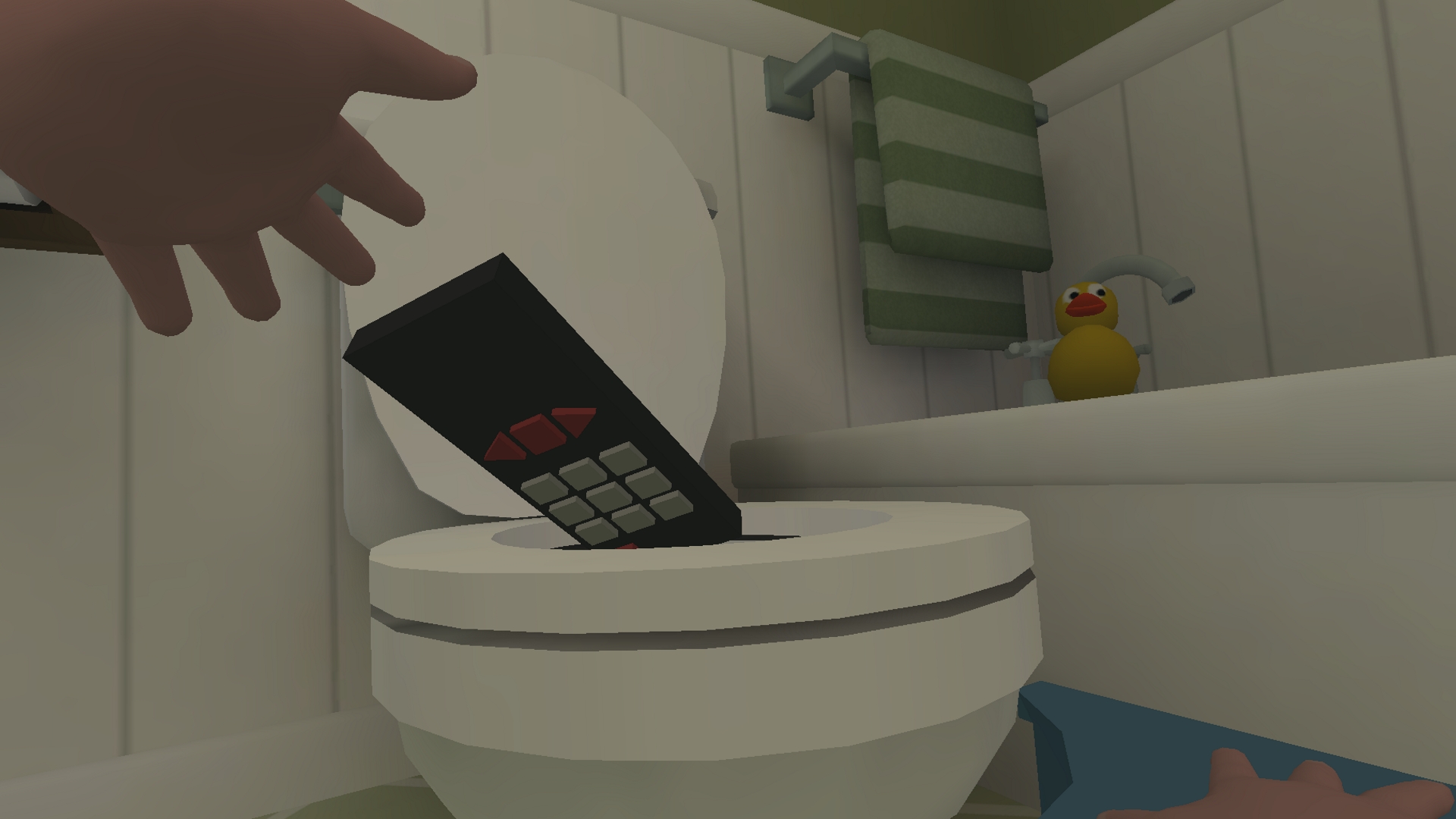player throwing remote control in the toilet bowl in baby hands vr