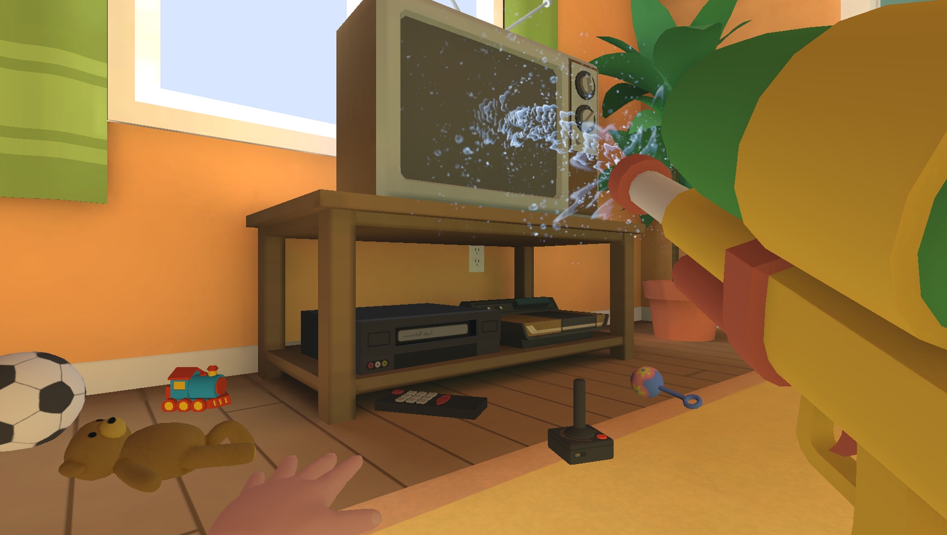 player hitting tv screen baby hands vr