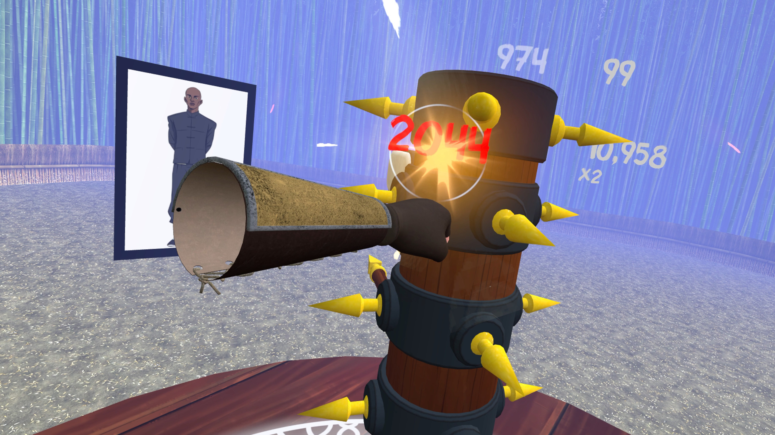 player punching stand punching bag with yellow spikes in crazy kung fu vr