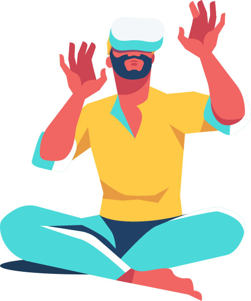 graphics of a sitting man holding both hands up while wearing vr headset