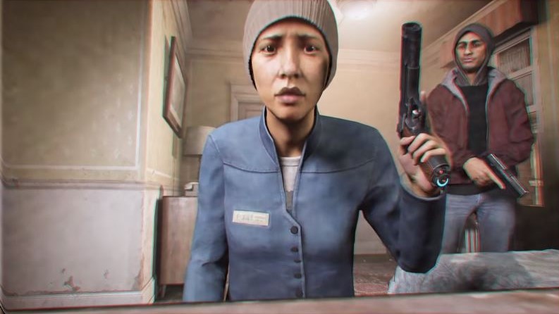 woman wearing a beanie and holding a gun in half life alyx levitation vr 1