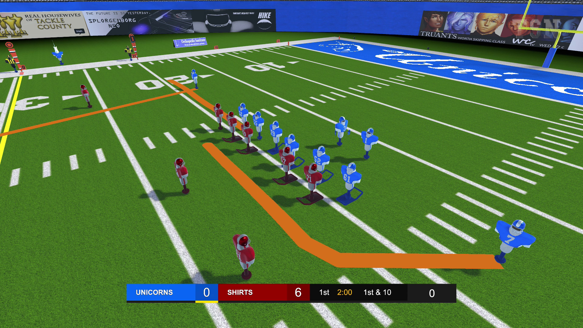 blue and red teams facing each other in football field of NFL VR 2MD VR Football Classic