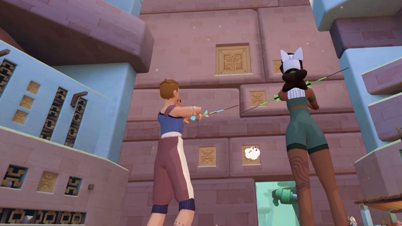 players shooting a wall with bow and arrow in windlands vr
