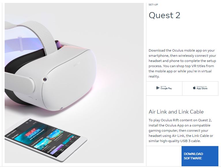 oculus quest 2 mobile app and air link software download screen
