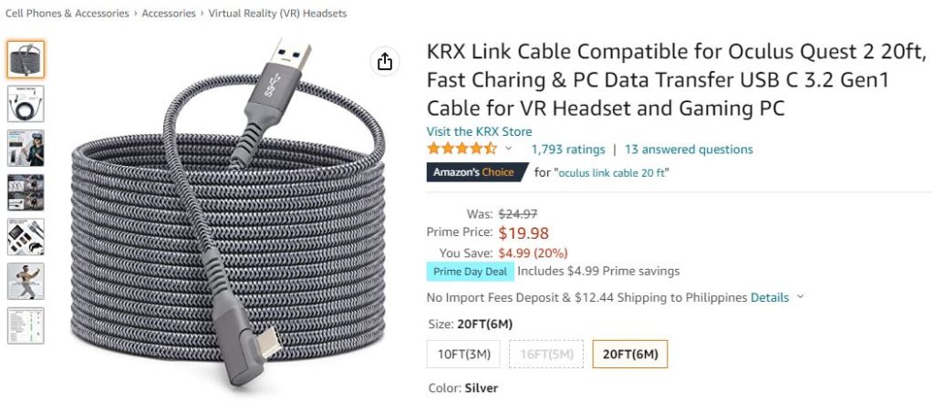 amazon listing of krx link cable for oculus quest