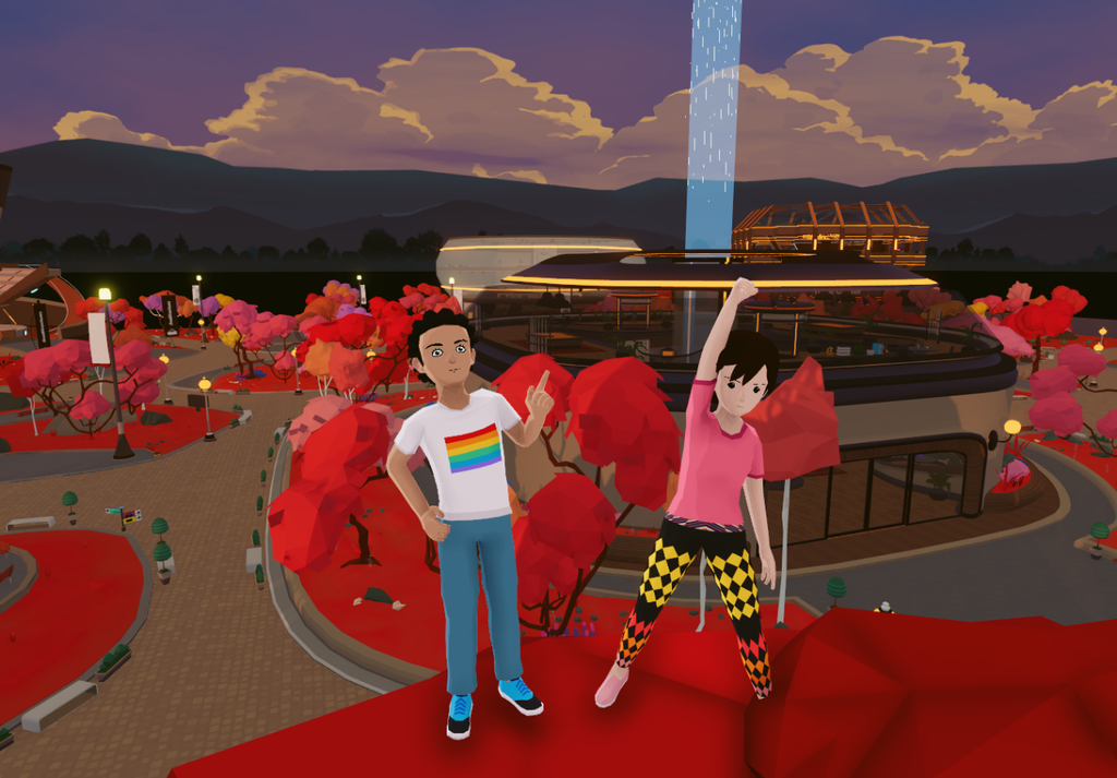 two avatars dancing in Decentraland Genesis Plaza