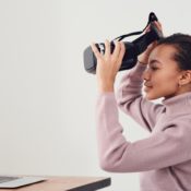woman taking a break from using vr headset