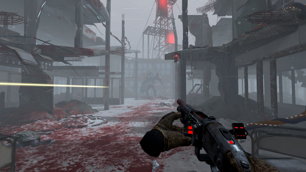 player holding rifle while walking on bloody streets