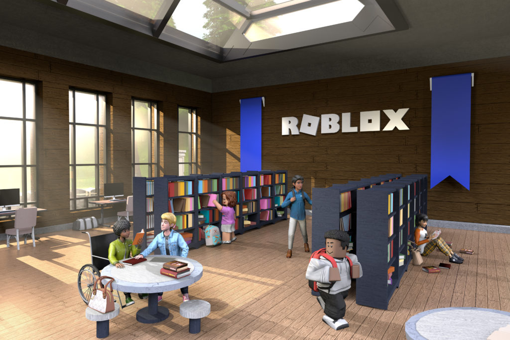 characters browsing books in Roblox library