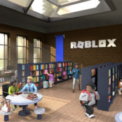 characters browsing books in Roblox library