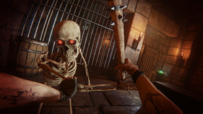 player fighting a skeleton enemy in Bonelab