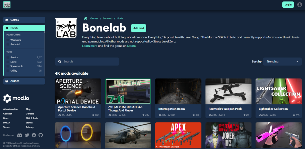 bonelab mod selection page