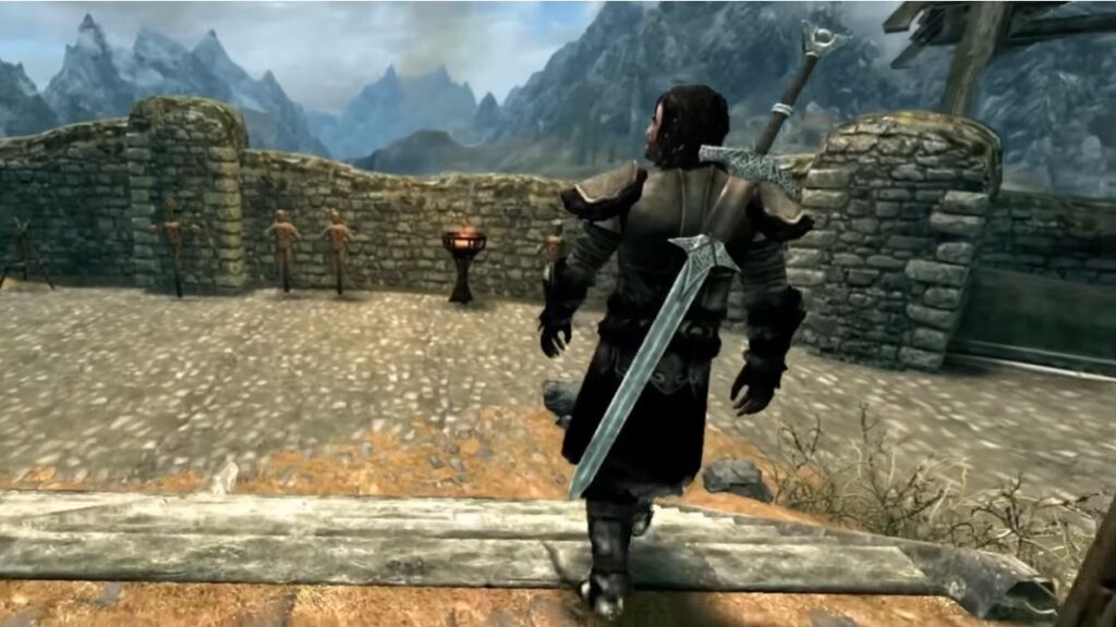 skyrim vr character walking in full body armor with a sword at his back
