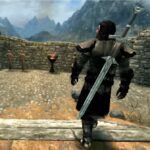 skyrim vr character walking in full body armor with a sword at his back