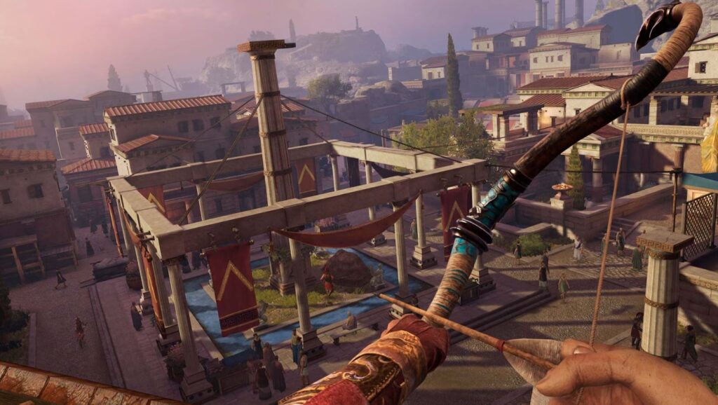 player targetting the city with bow and arrow in meta quest assassin’s creed nexus vr