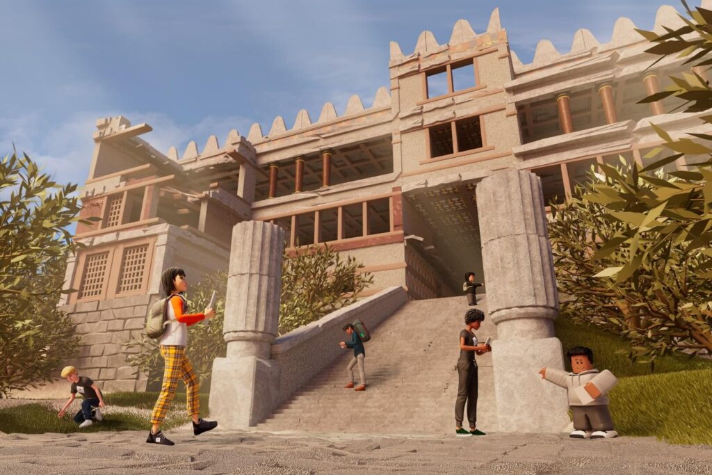 roblox characters checking an old building