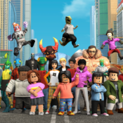 roblox characters posing for a group photo in the middle of the street