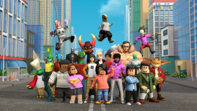 roblox characters posing for a group photo in the middle of the street