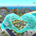 hands making a heart sign with aerial city view in little cities