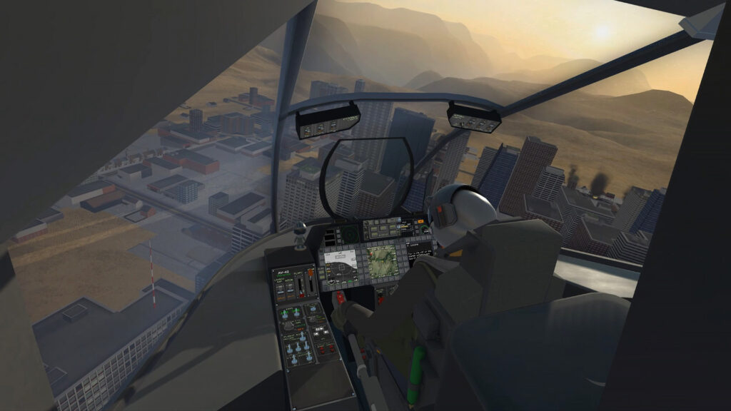 vtol vr pilot flying the plane with city view