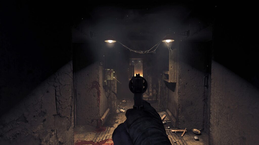 player pointing a pistol to the front in amnesia the bunker game