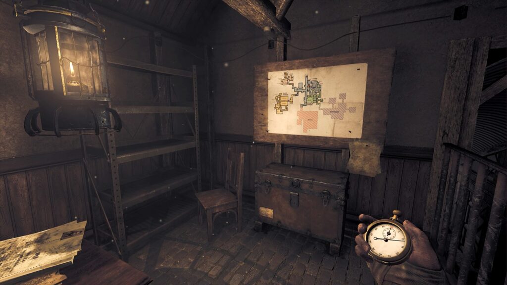 player in a room with maps and compass in amnesia the bunker