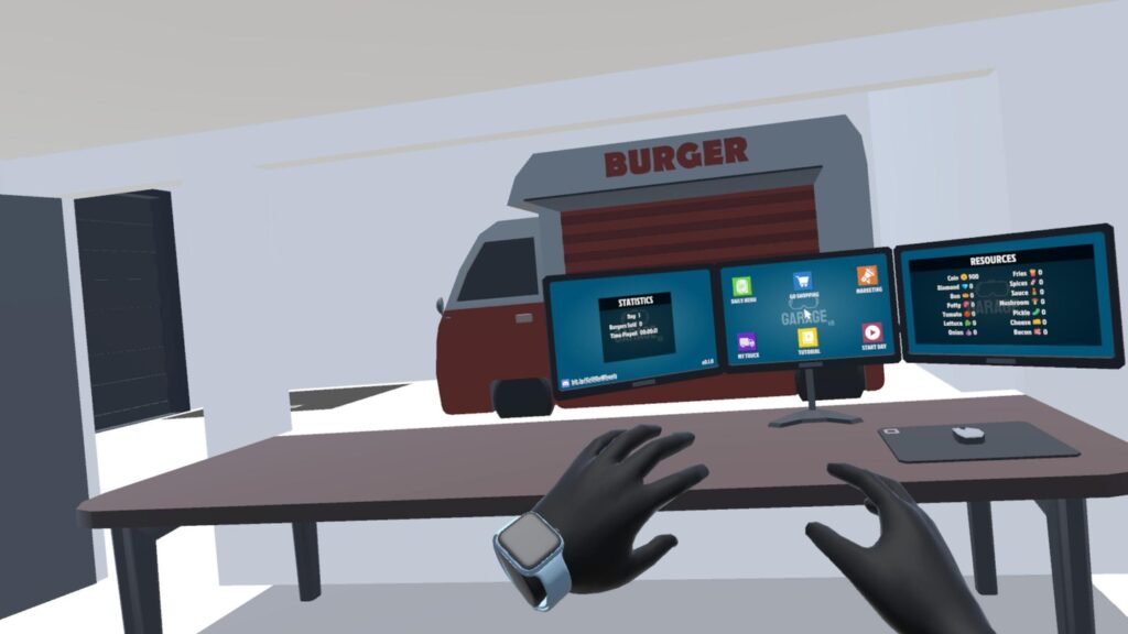 three monitors with menu selection in grill on wheels game