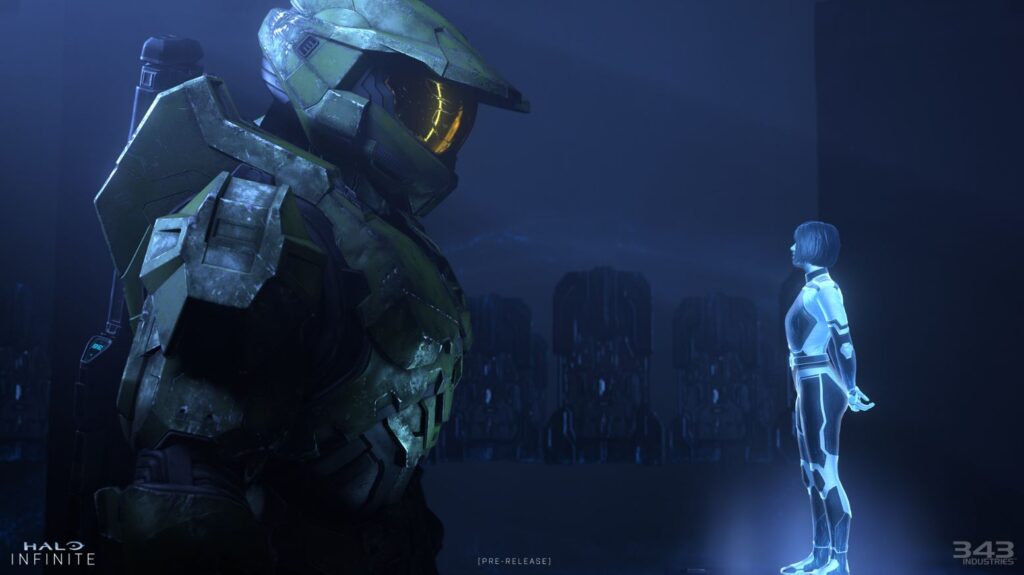 Master Chief talking to AI Cortana in halo infinite