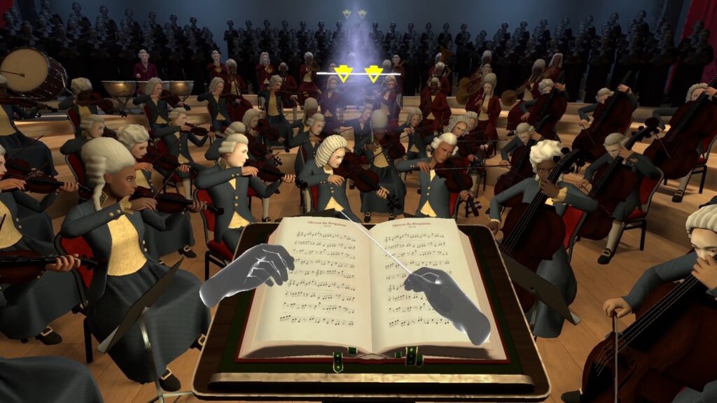 player conducting an orchestra in maestro the masterclass